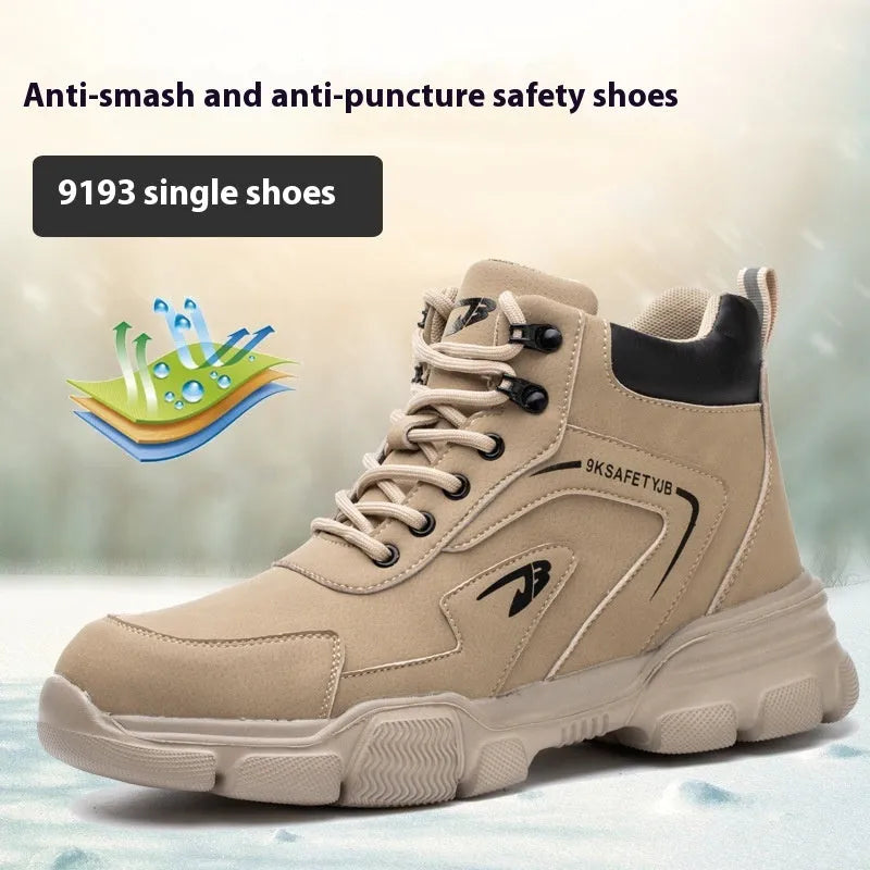 Brown anti-smashing puncture protection work shoes with leather upper and rubber sole