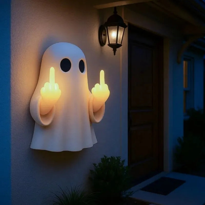 White cute ghost statue night lamp with LED light on, modern Halloween decoration
