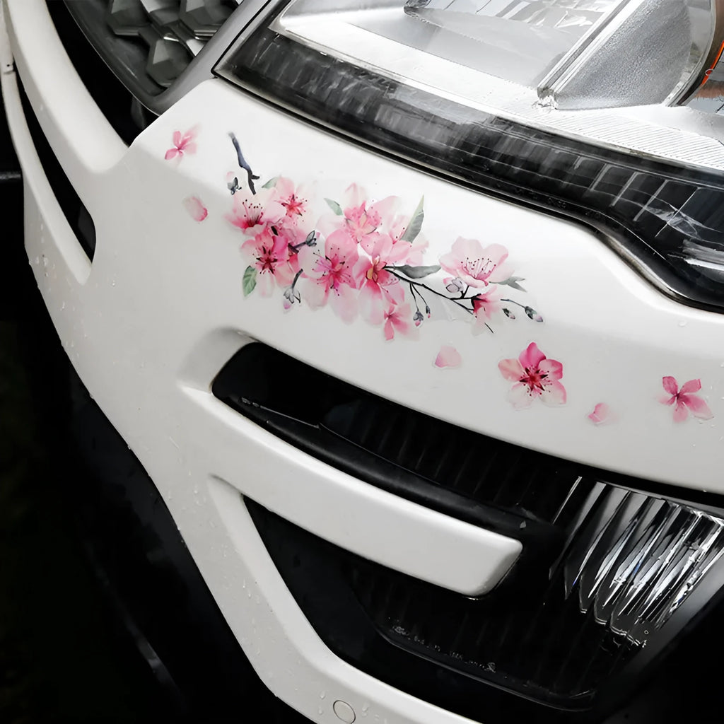 Cherry blossom flower pattern car vinyl sticker in two size options on a white background.