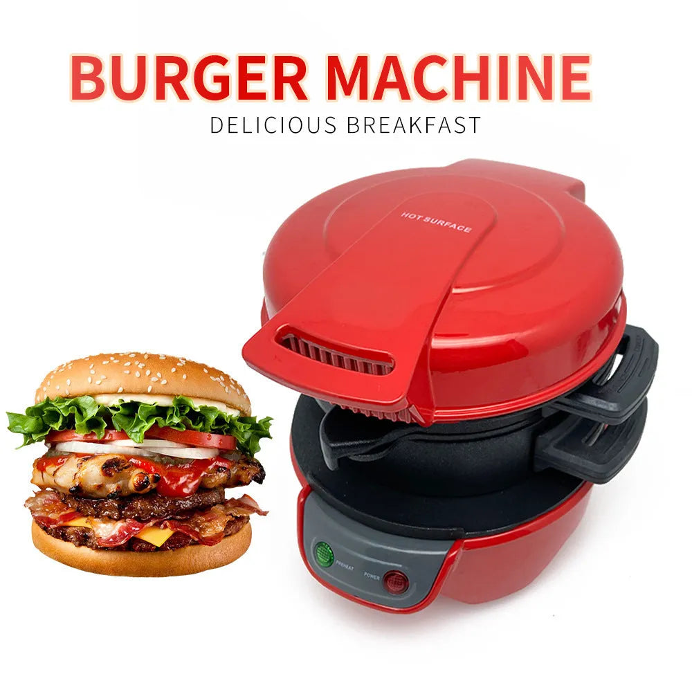 Household breakfast sandwich maker with egg cooker ring in bright red, orange or silver grey colour