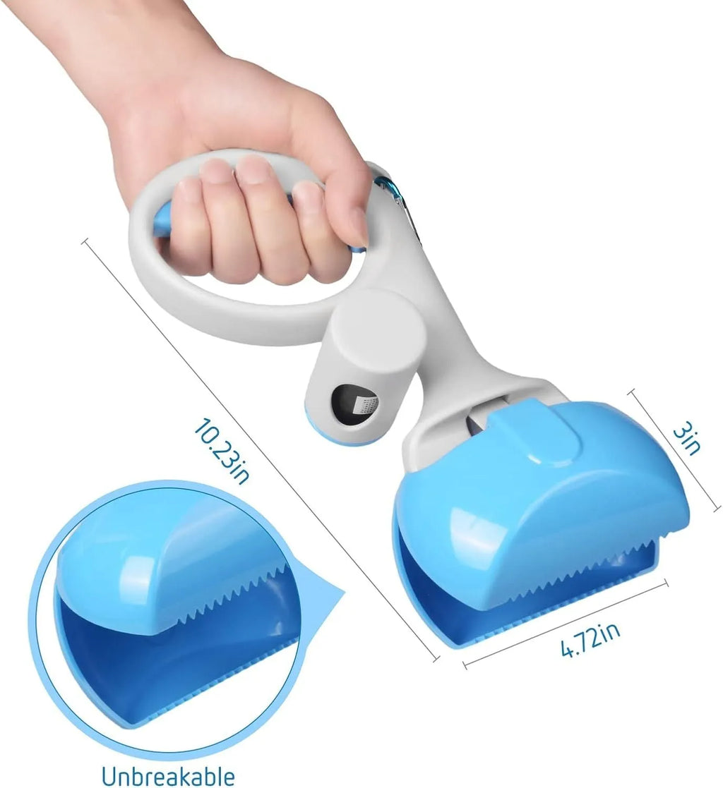Blue plastic pet pooper scooper with built-in trash bag storage compartment and top hook.