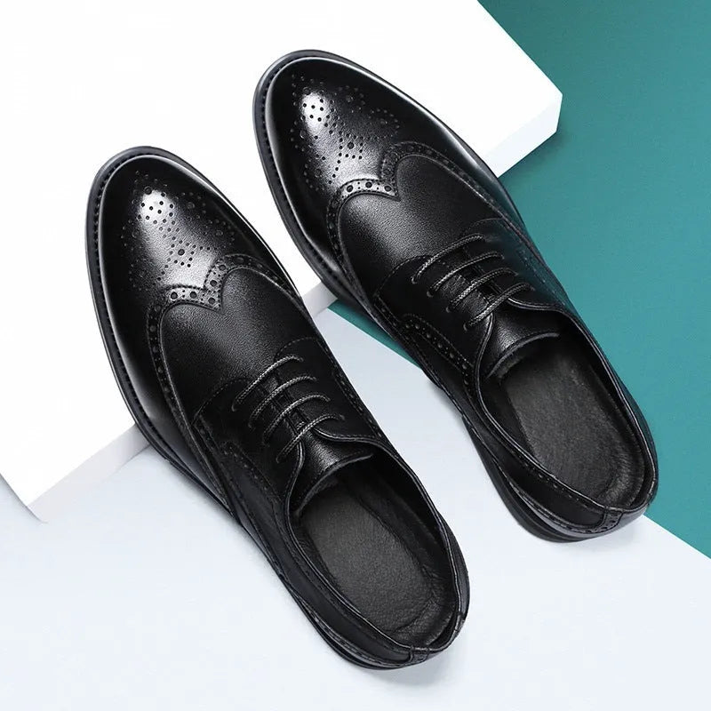 Men's black and brown brogue Oxford-style formal shoes with classic perforated detailing.