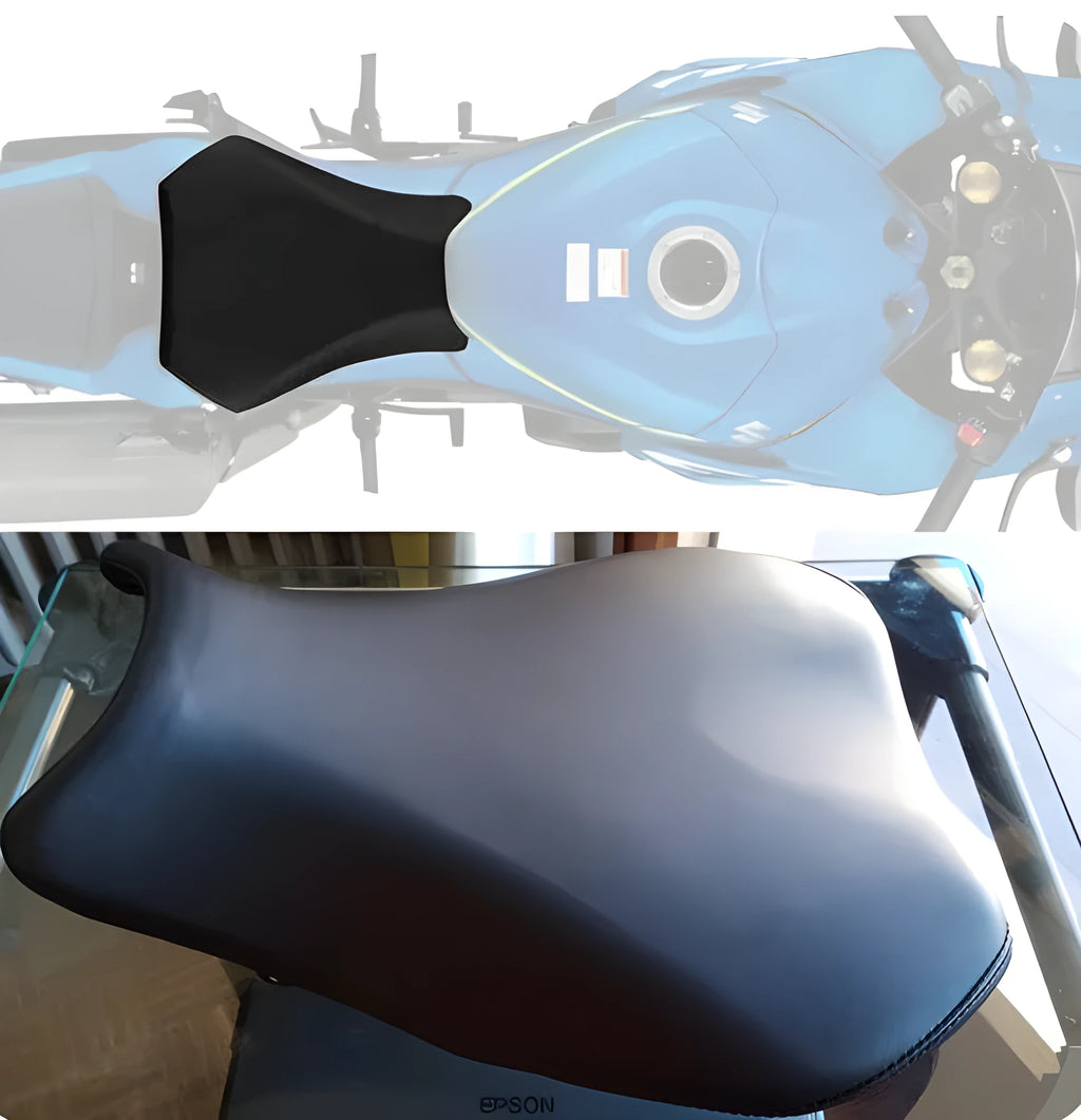 Suzuki GSXR1000 motorcycle front and rear seat covers made from black PU leather.