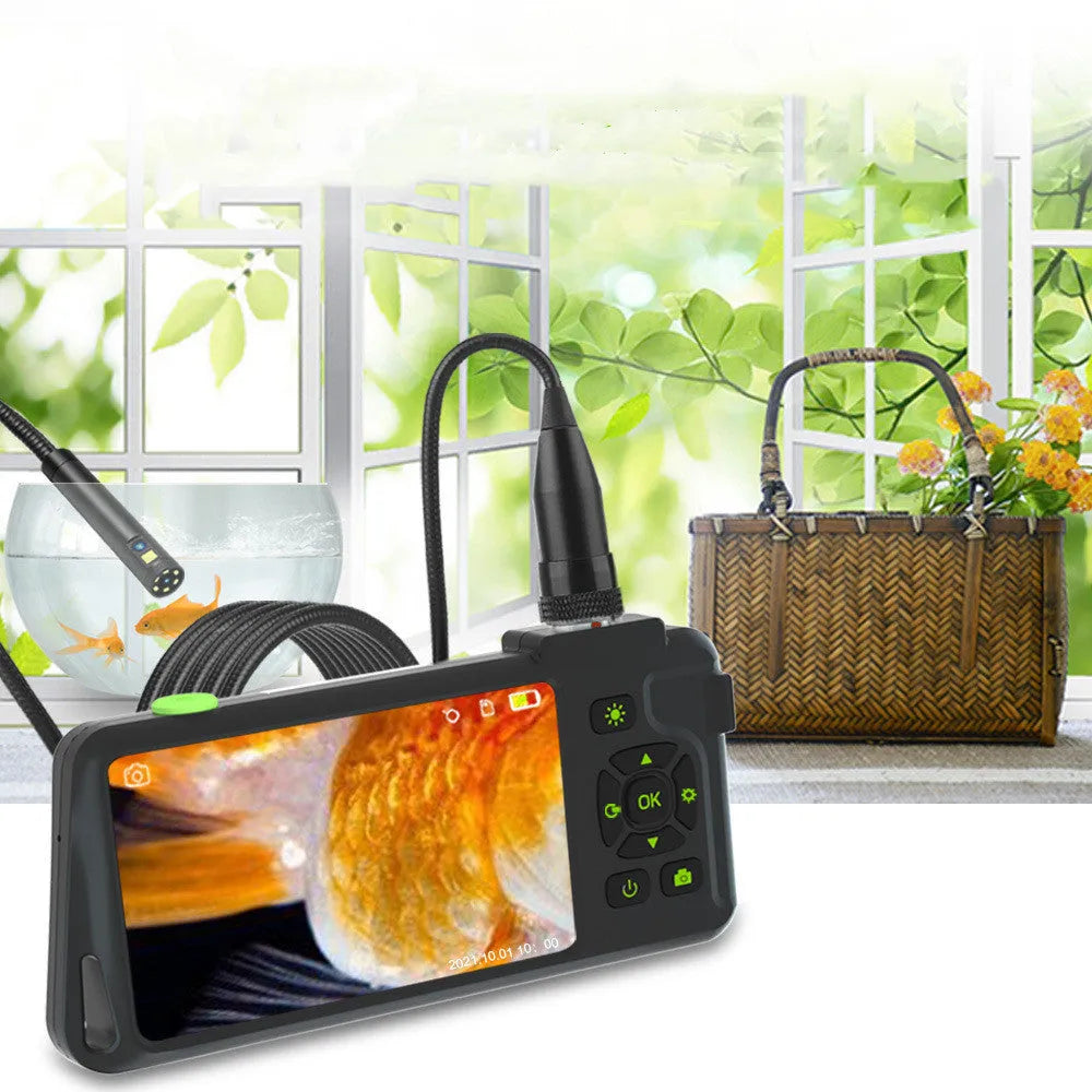 Handheld industrial endoscope with 4.5-inch LCD screen and a thin 5.5mm camera probe.