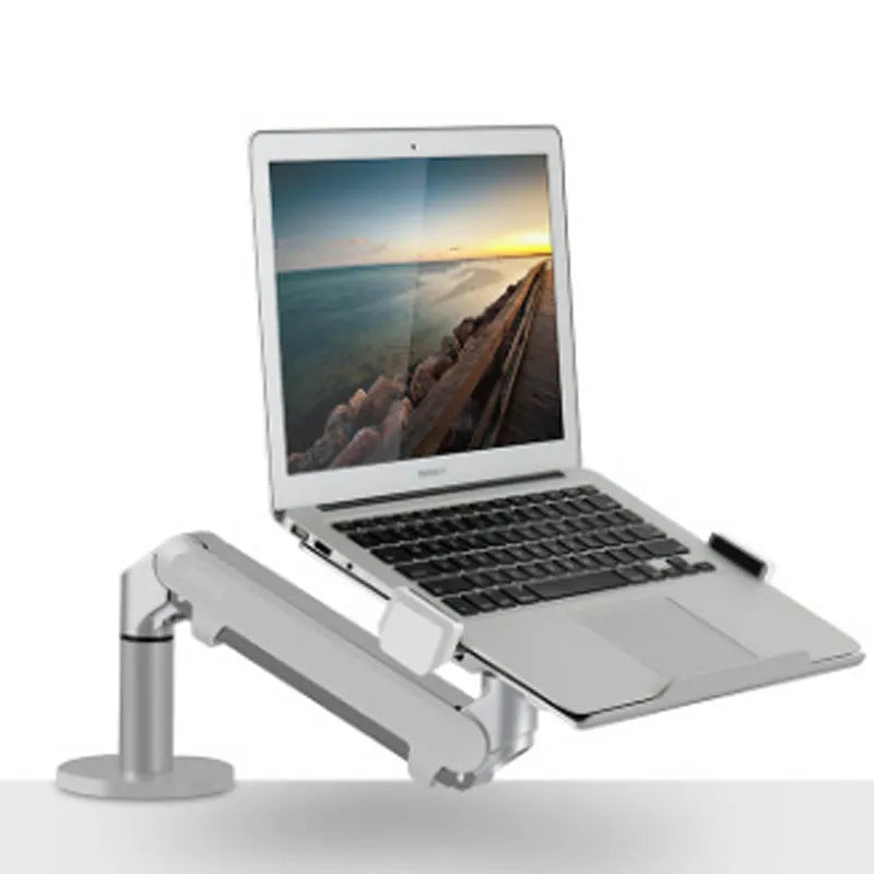 Silver aluminium VESA laptop mounting bracket with adjustable air pressure arm mechanism