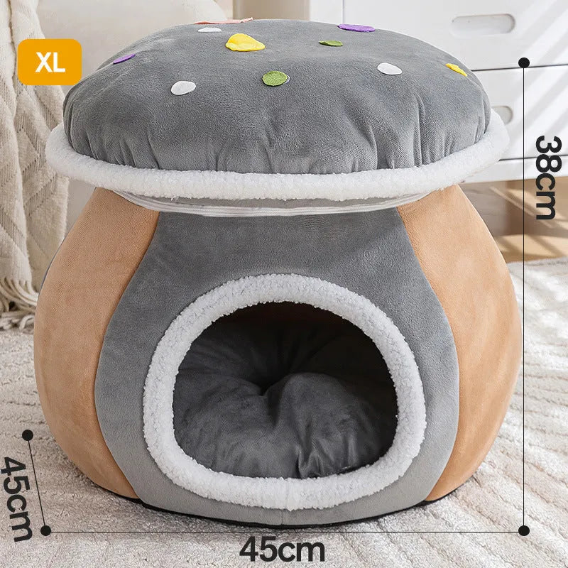 Grey mushroom-shaped plush cat bed for winter, shown with detachable parts and labelled S, L, XL size options.