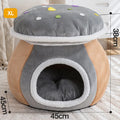 Grey mushroom-shaped plush cat bed for winter, shown with detachable parts and labelled S, L, XL size options.