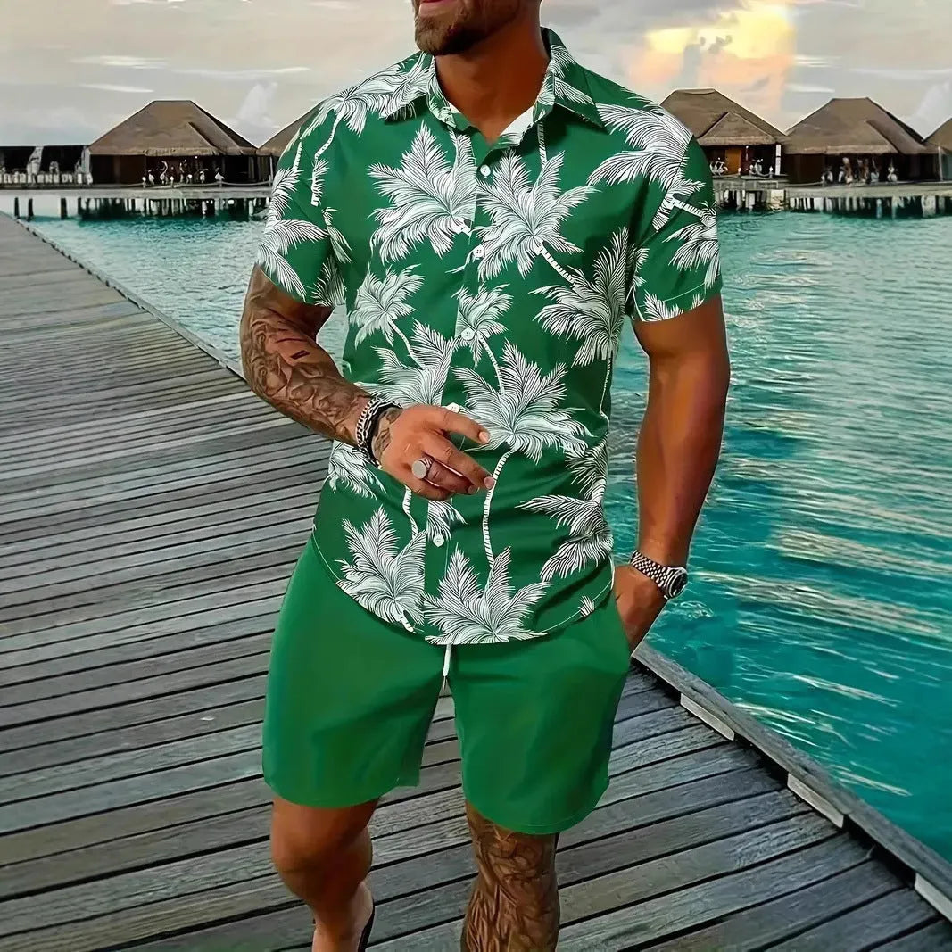 Men's colourful Hawaii print short sleeve shirt and matching shorts casual suit set.