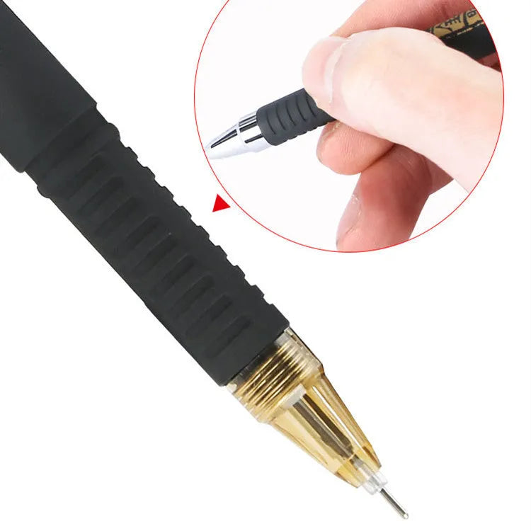 8 carbon black gel pens with anti-fatigue grips, showing bullet and needle tip options