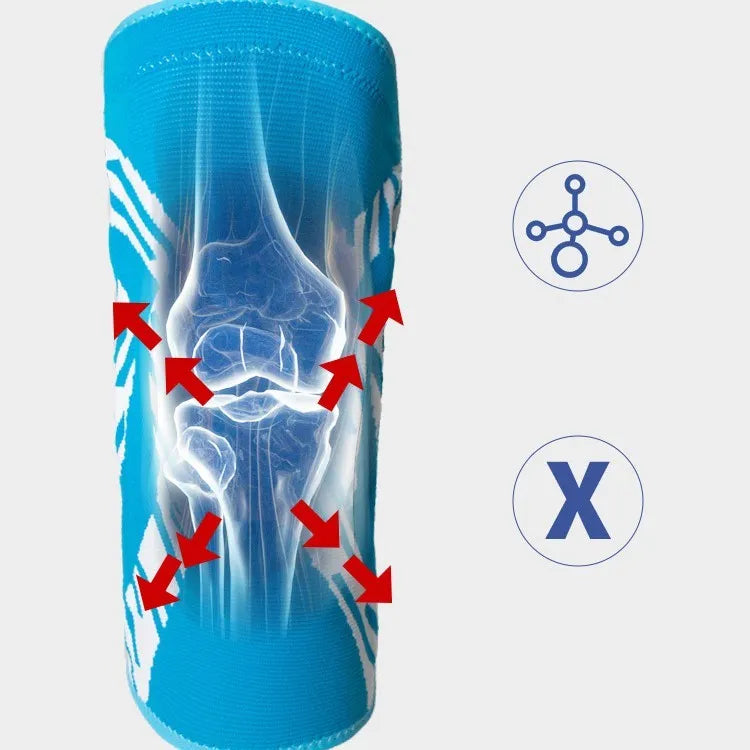 Men's black and blue pressurised basketball knee pads made of nylon.