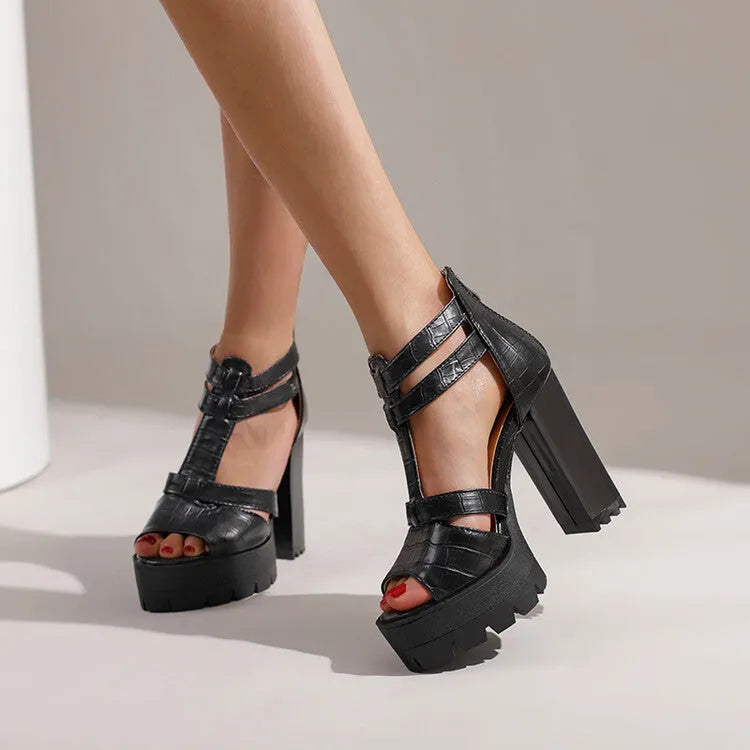 Women's black platform high heel sandals with a back zip, round toe, and a rubber sole.
