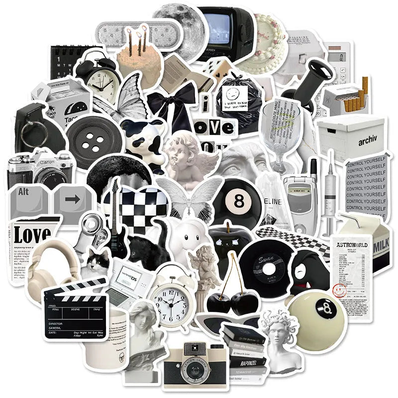 61 piece black and white waterproof PVC sticker set for multiple surfaces