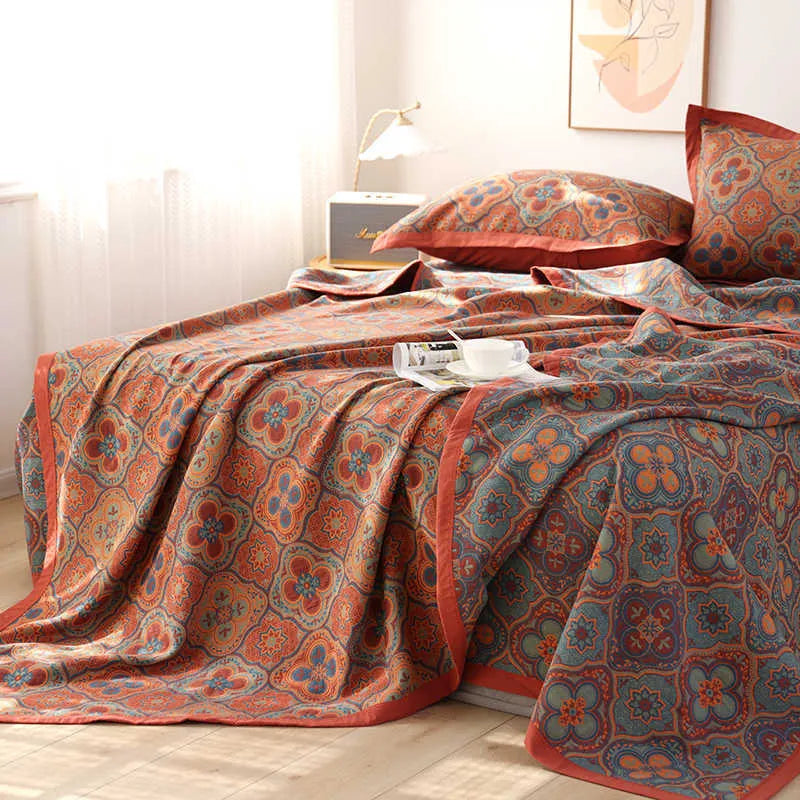 Cotton gauze bed blanket and matching pillowcases with plant and flower pattern in multiple size options