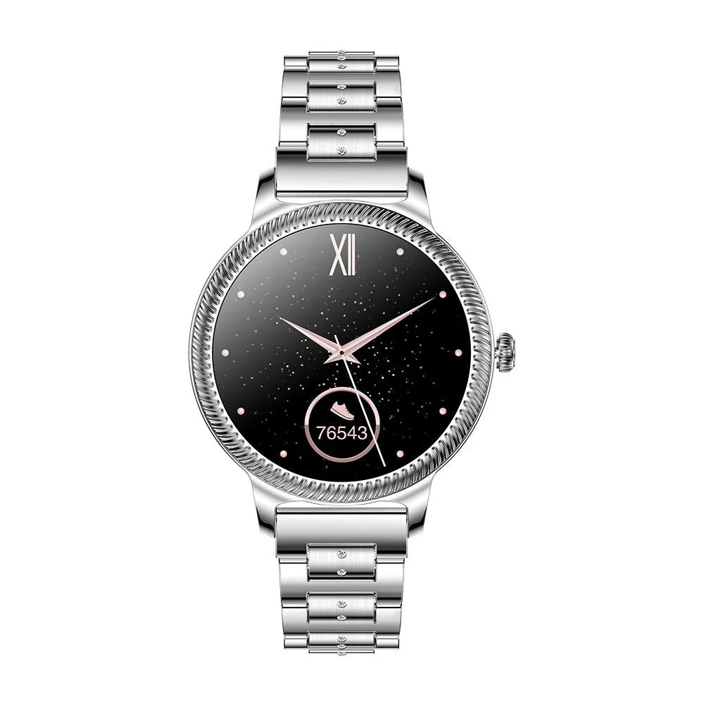 AK38 ladies smart watch with TFT screen and stainless steel Milanese bracelet on wrist