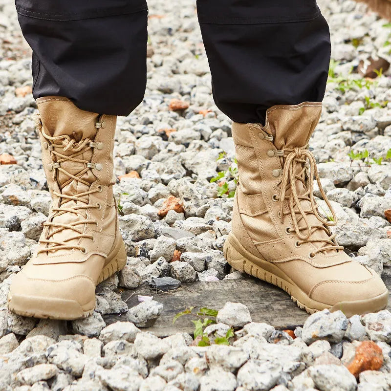 Summer Yulong Combat Boots in black and sand colour, tactical desert climbing footwear for men and women.