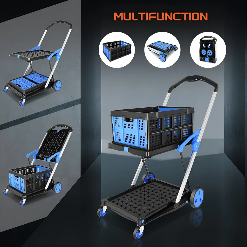 Blue foldable shopping cart with two plastic baskets, shown in an unfolded upright position.