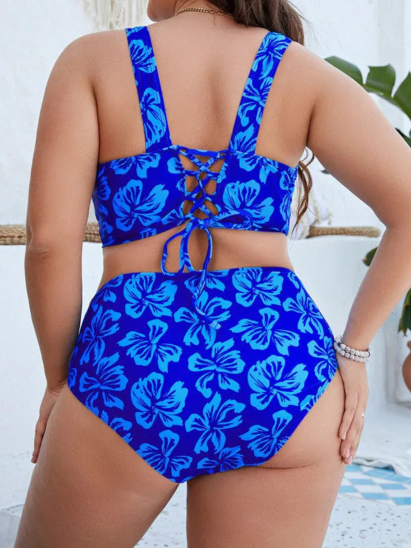 Blue floral print plus size women's split bikini swimsuit top and pants set