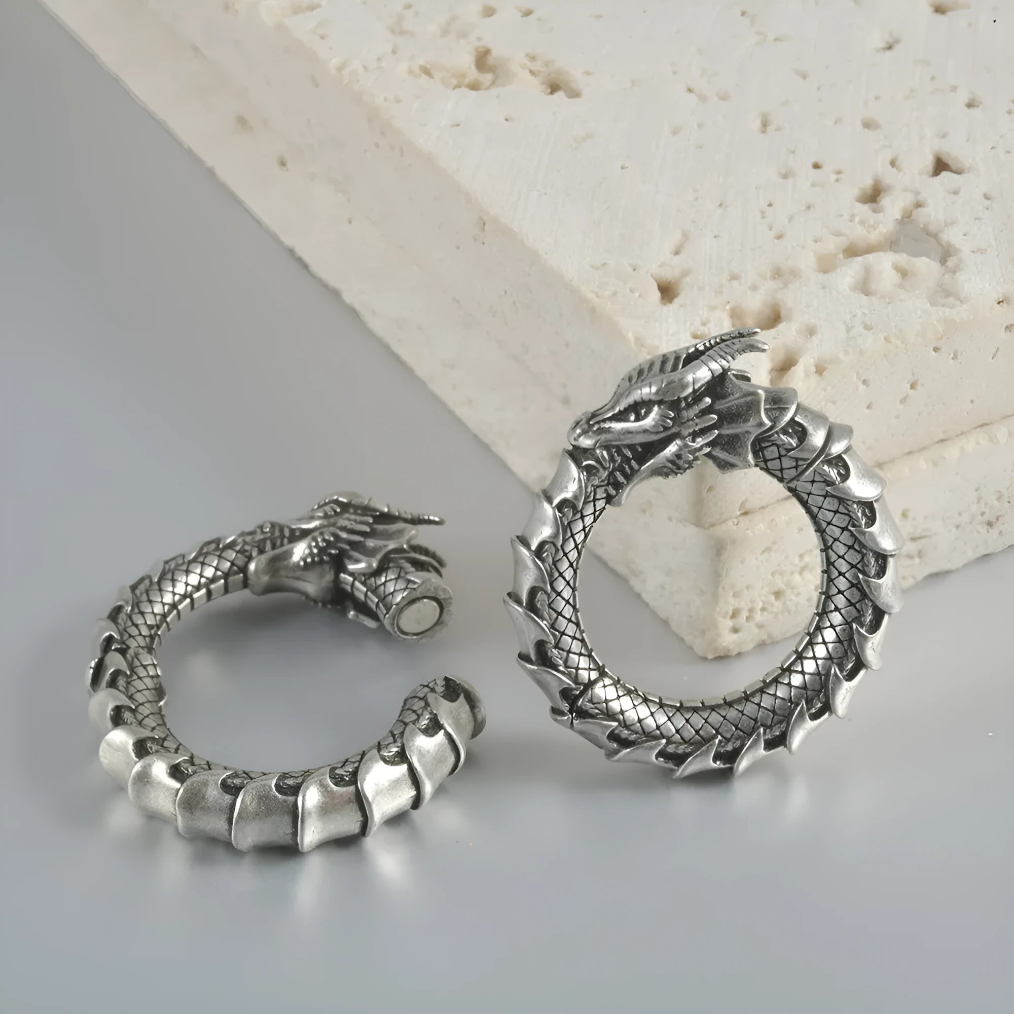 Large hollow-out alloy earrings with geometric dragon design in antique silver finish