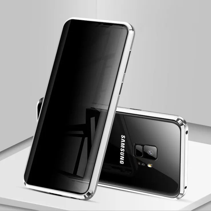 Black anti-peeping magnetic clamshell phone case for Samsung Galaxy showing privacy screen and magnetic closure