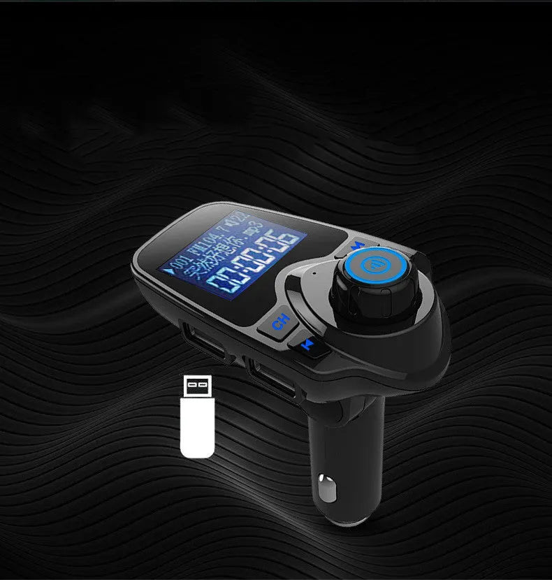 Black car Bluetooth FM transmitter with USB port and memory card slot for hands-free calling and music playback