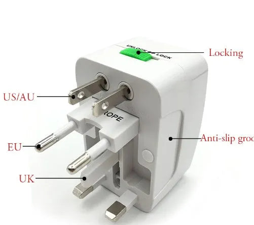 Universal travel plug converter showing compact design with conversion pins for international sockets