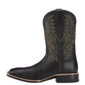 Men's brown cowboy boots with detailed embroidery on the high shaft and a square toe.