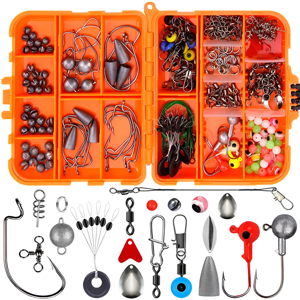 Weihe 257-piece fishing lure and hook accessory kit in ABS storage box for Texas, sea, and rock fishing.