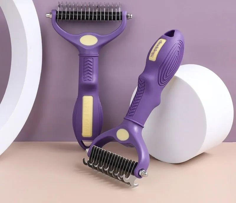 Purple plastic double-sided pet grooming comb with knot-removing teeth for dogs
