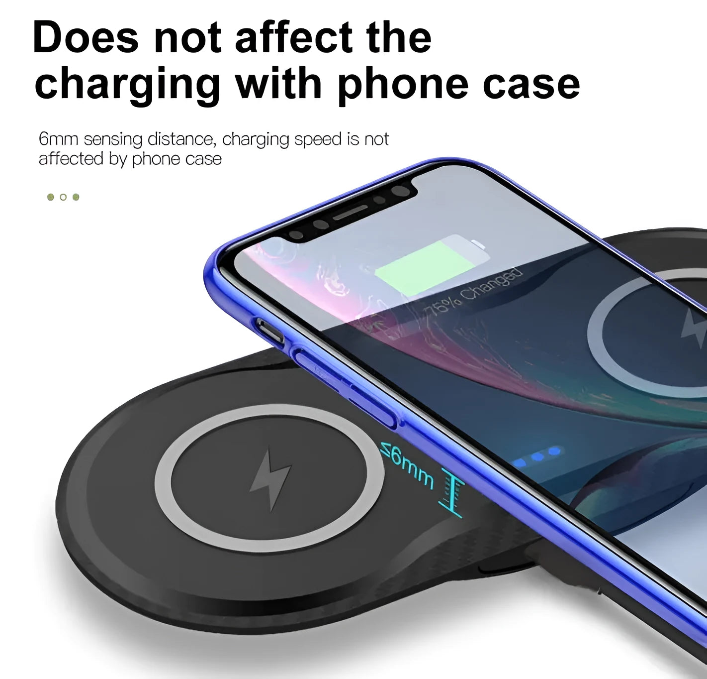 Black and white dual Qi wireless charging pad charging two smartphones simultaneously