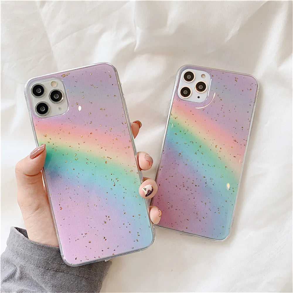 Rainbow gradient striped TPU hard protective case for iPhone on a white background.