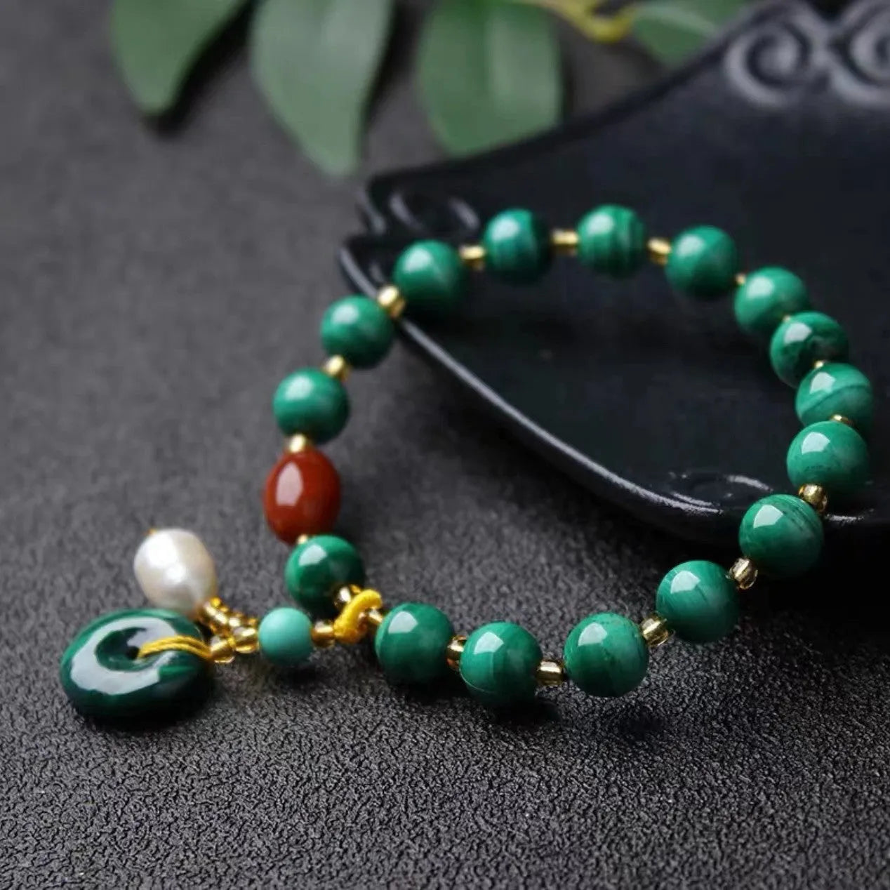 Natural green malachite and red agate barrel bead bracelet, handcrafted, approx 7-8mm beads