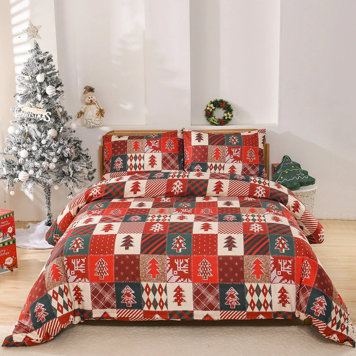 Christmas red plaid pattern bedding three-piece set showing quilt cover and pillowcases