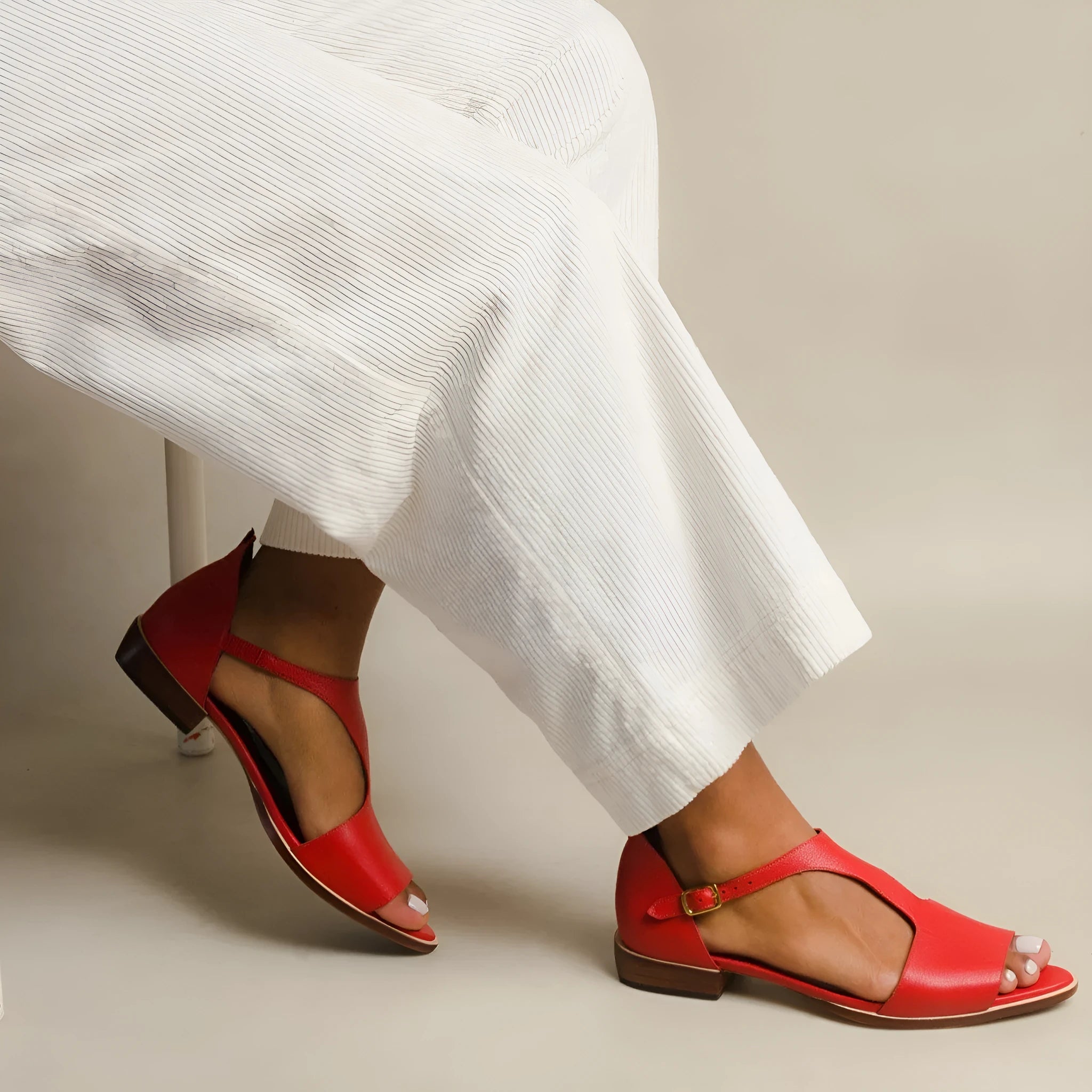Red women's plus size sandals with square buckle and herringbone pattern toe holder