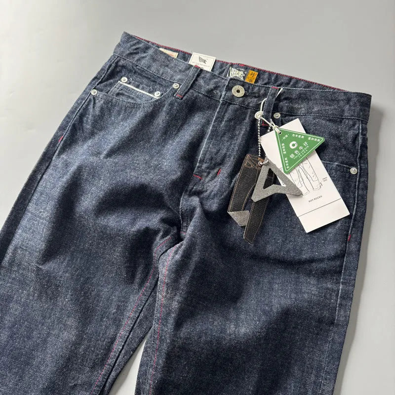 Men's straight leg denim trousers in primary colour with mid-rise waist