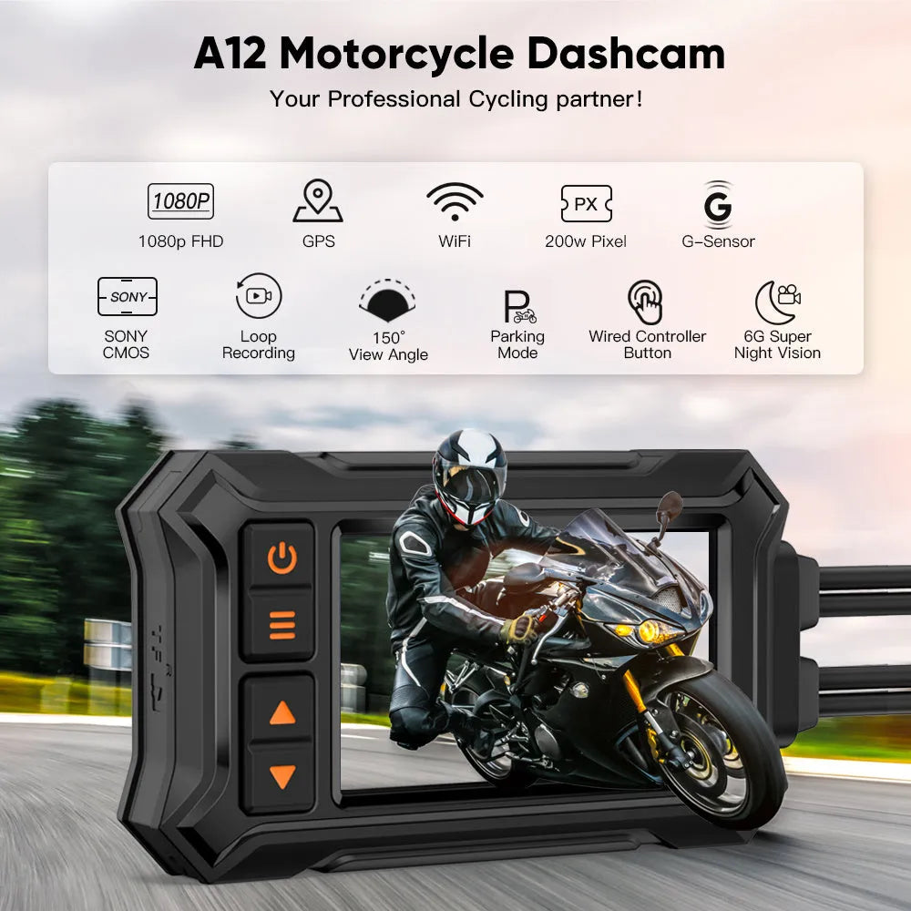 Motorcycle dash cam unit with 3-inch screen, dual lenses, GPS module, and installation cables on a black background.