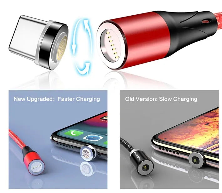 3A fast charge magnetic data cable with LED indicators in black, red, or silver colours