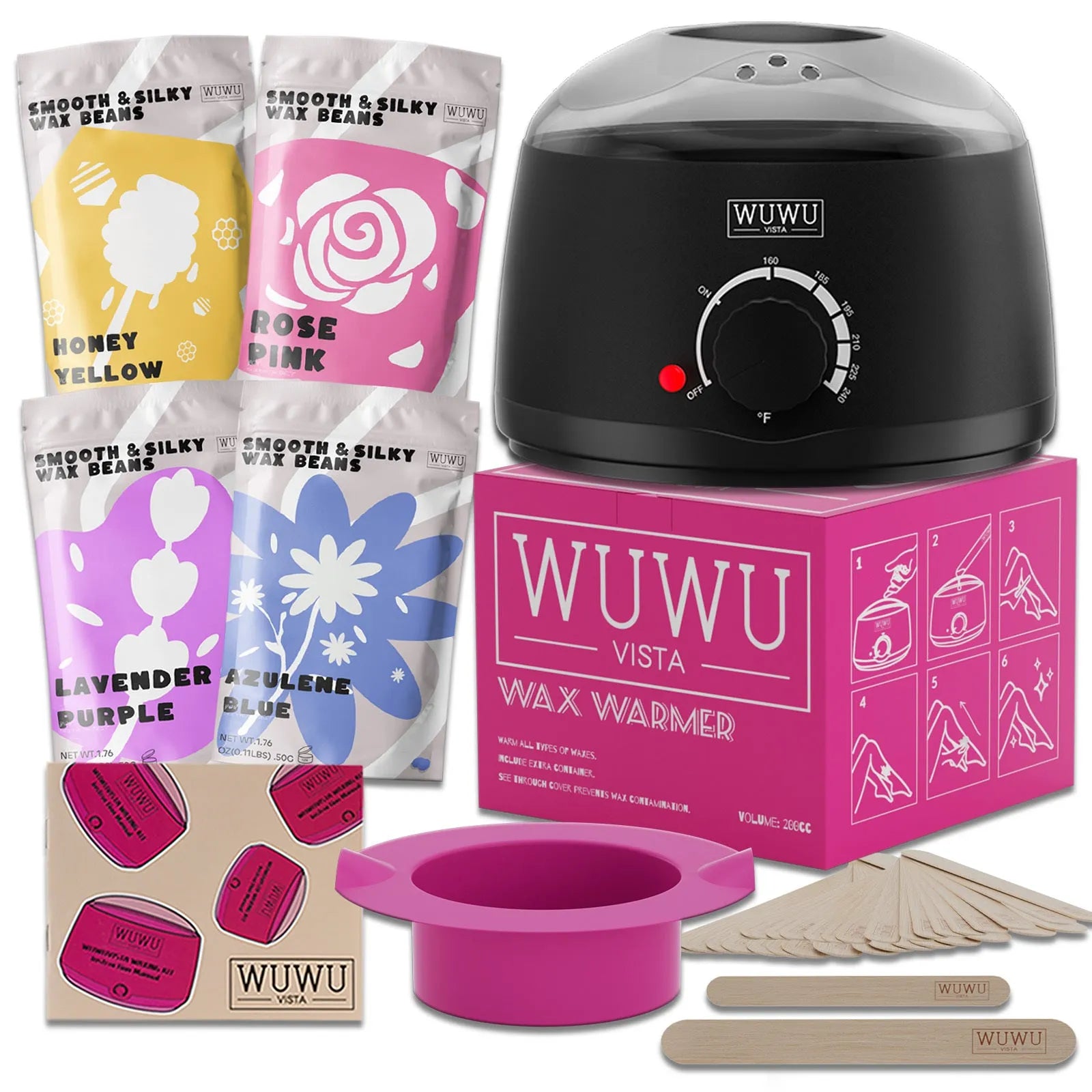 27-piece hair removal wax kit showing wax warmer machine, four coloured wax beads, wax sticks and guidebook