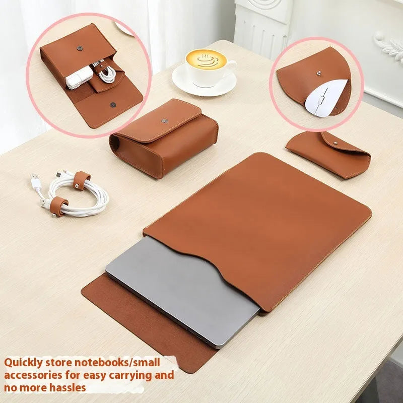 Four-piece imitation leather MacBook edge protector set shown in brown, grey, apricot, and light pink.