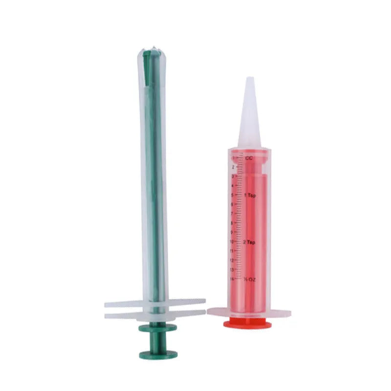 Two pet pill shooters with soft silicone tips, different sizes, for administering medicine to cats and dogs.