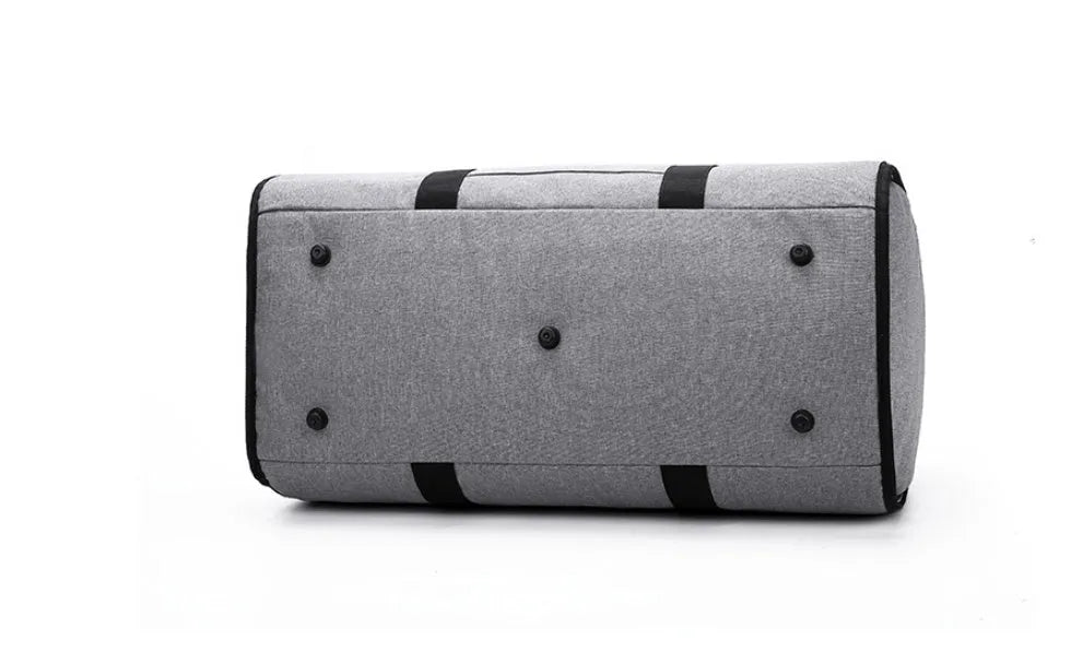 Medium cylindrical travel bag in red, light grey, blue, or black with waterproof Oxford cloth and zipper pocket.