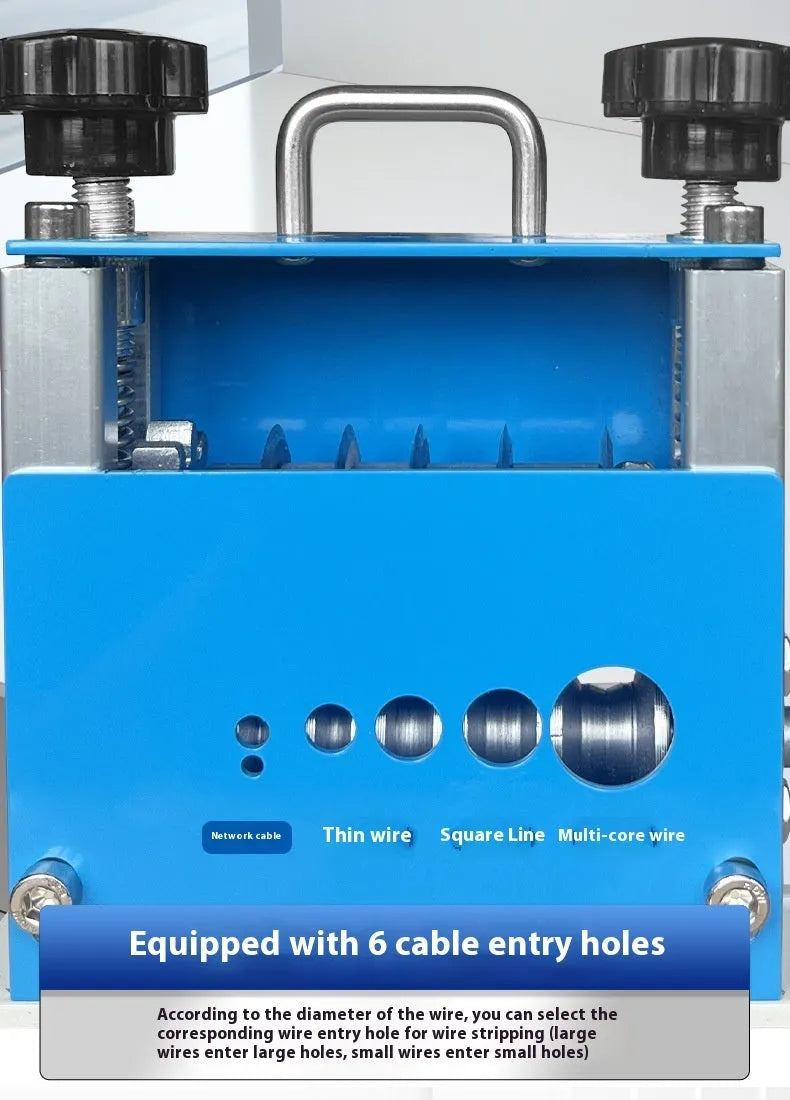 SD-017 manual wire stripping machine tool on a workbench.