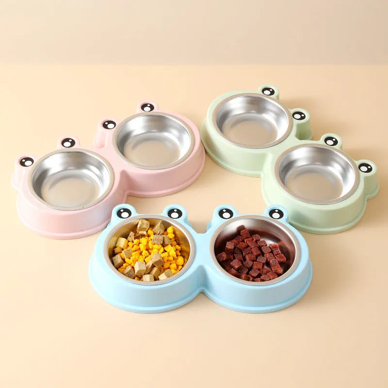 Stainless steel double pet bowl with frog design in blue, green, or pink colours