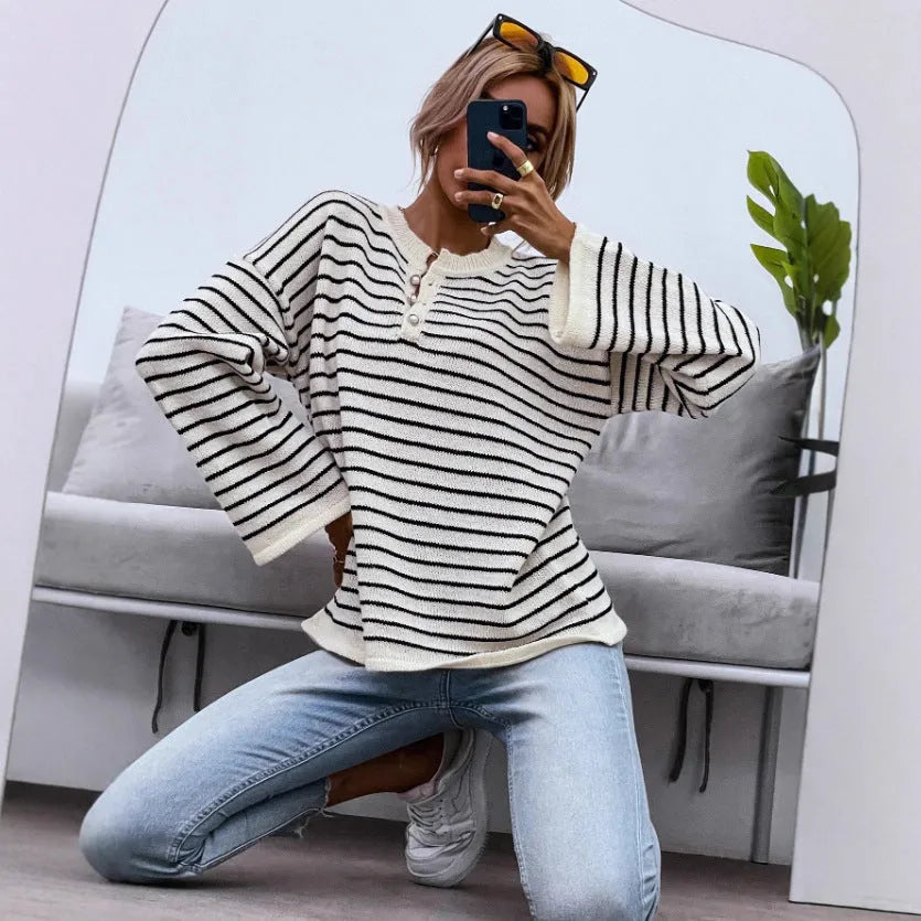 Women's black and white striped loose long sleeve viscose top with drop shoulders