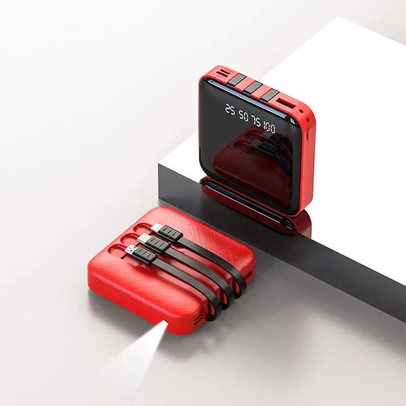 Black square power bank with a built-in USB charging cable, showing 80mm width.