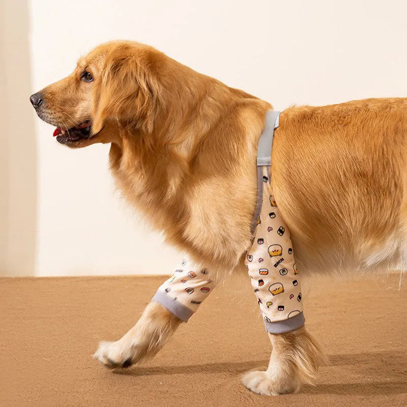 Adjustable dog elbow sleeve with plastic buckle and matching scarf in blue, grey, or yellow colours