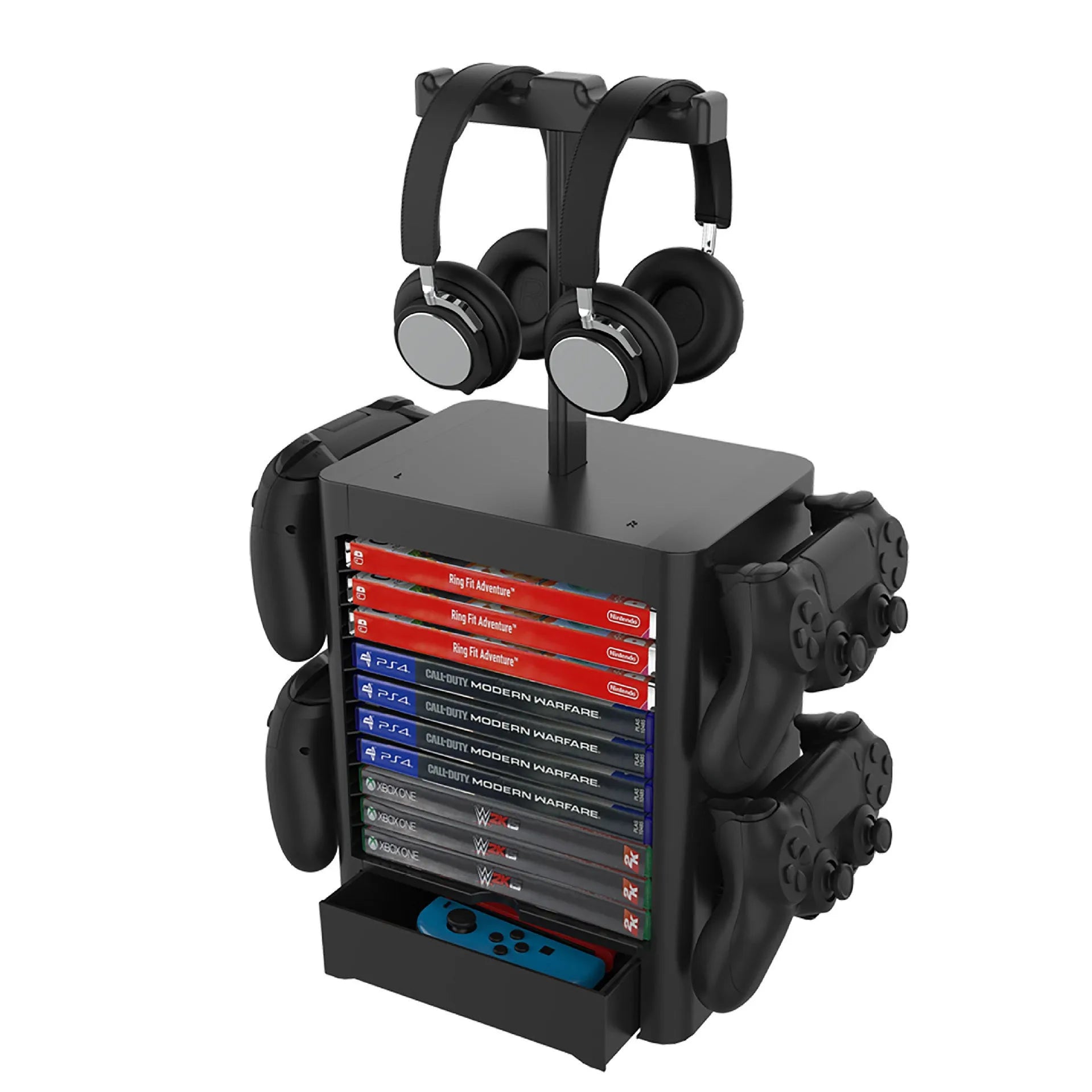 Black ABS gaming CD storage rack with headphone top, side hooks, and a pull-out drawer for accessories.