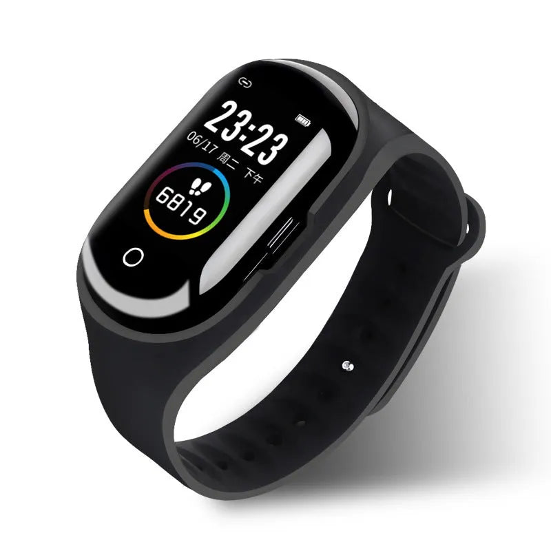 Smart bracelet and Bluetooth earphone combination device with silicone wristband in blue, black or red