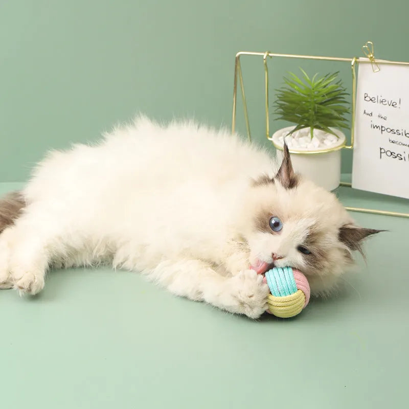 Handmade cotton hair ball plush cat toy measuring 5cm for teeth grinding and interactive play