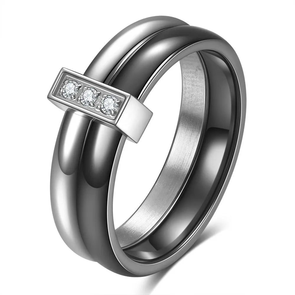 Women's ceramic ring with 6mm band width, geometric round shape, and glossy stitching detail in steel black finish