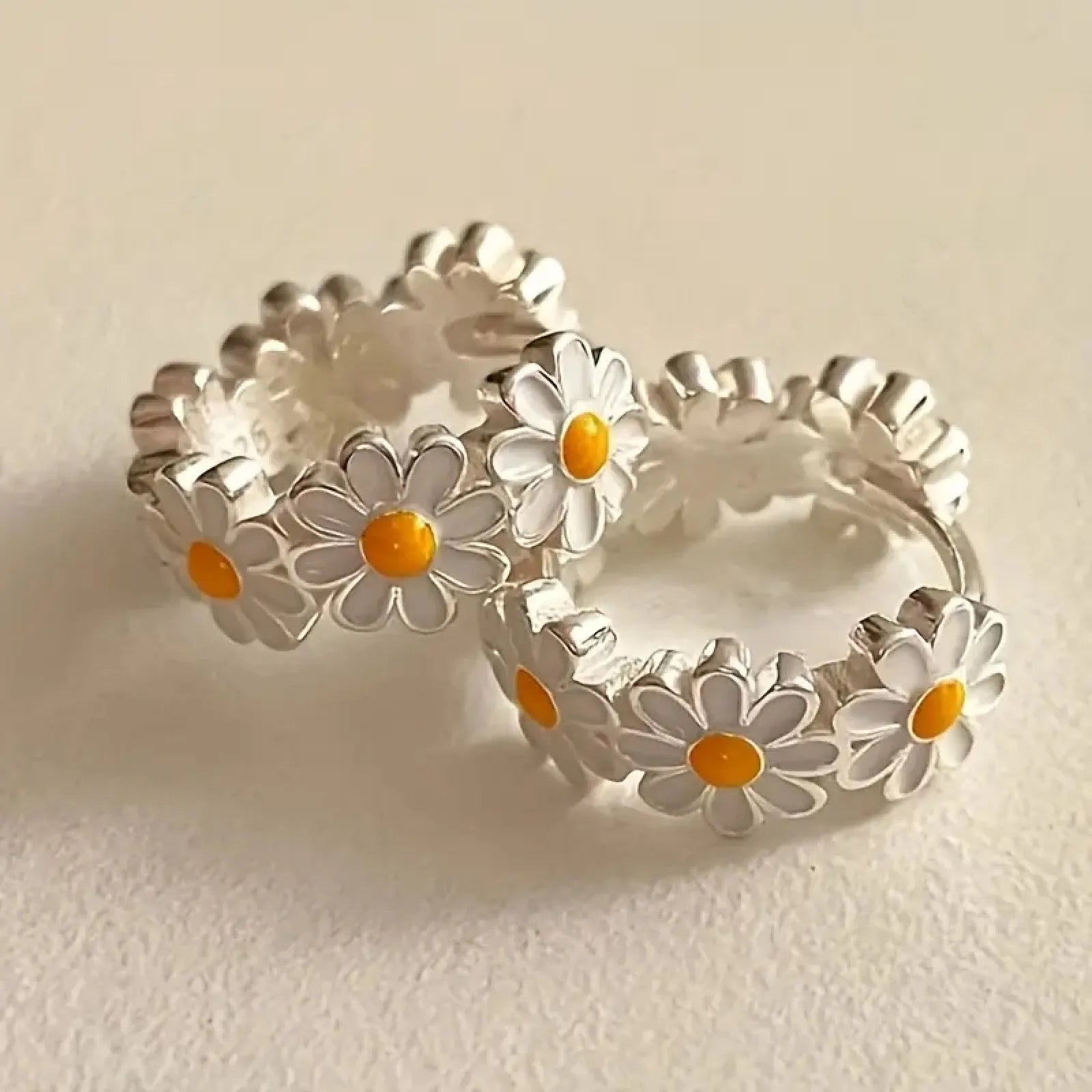 White daisy flower ring earrings with platinum gem setting on electroplated copper